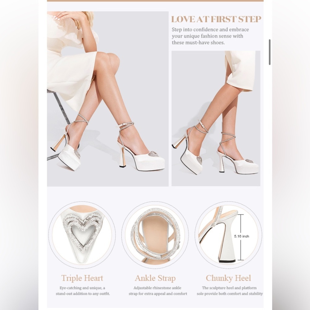 Rhinestone Triple Heart Platform Ankle Strap Pointed Toe Party Statement Heel 9 - Picture 9 of 13